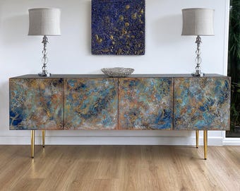 Narrow hallway cabinet "Midnight Galaxy" Midcentury Modern Sideboard, with textured doors