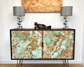 Midcentury style cabinet with hairpin legs and copper patina texture