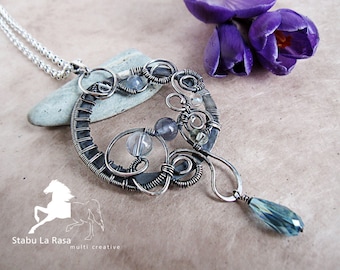 Sterling silver and aqua blue gems wire wrapped pendant necklace - Early Spring. Jewelry with aqua aura, fluorite, topaz.