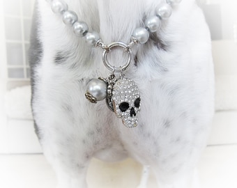Faux pearls dog necklace with charms. Jewelry for Greyhound, Galgo, Borzoi, Lurcher, Saluki, Afghan, Podenco.