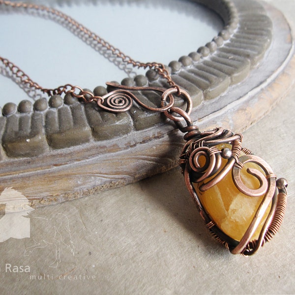 Boho selenite copper wire wrapped necklace with yellow gems - Sunshine. Amulet.