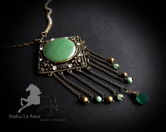 Bronze pendant necklace with green aventurine, tsavorite and rhinestones on bronze chains. Upcycle assemblage jewelry - Bronze Forest.