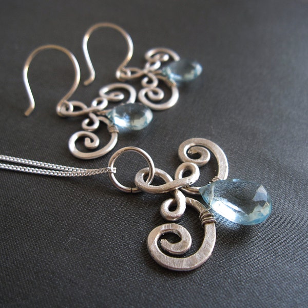 Romantic wire wrapped set of necklace and earrings, sterling silver  and blue aquamarine - Morning Dew.
