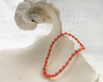 Pink Coral Bead Bracelet - Pink Coral & Rose Gold Plated Silver Beads - Stretch Nylon Bracelet