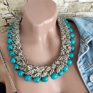 Blue linen / beaded statement necklace Eco friendly Ukraine necklace Gift for her