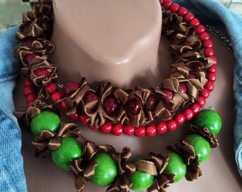 Handmade Wooden Bead Bib Necklace in Brown, Green, and Red Statement bib necklace Handmade jewelry gift for her