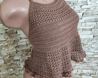 Brown crochet top Bohemian beach clothing for women