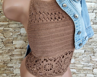 Crochet top Grand-mère carré boho chic marron top Mode vêtements d’été pour femmes Débardeur crochet