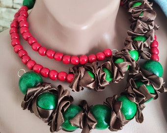 Asymmetrical wooden beads and ribbons chunky necklace in brown, green, red Handmade jewelry Gift for her