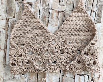 Crochet toddler top Beige open back crocheted top Beach clothing kids Cover up halter top Bohemian bikini crop top High neck bra Crochet top