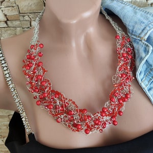 Statement necklaces for womens Red beaded necklace Christmas gift for her Handmade wire wrapped jewelry Crochet chunky necklace