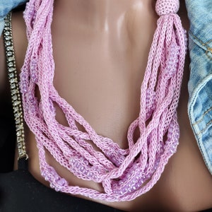 Crochet beads necklace Pink hand knit statement necklace Gift for her