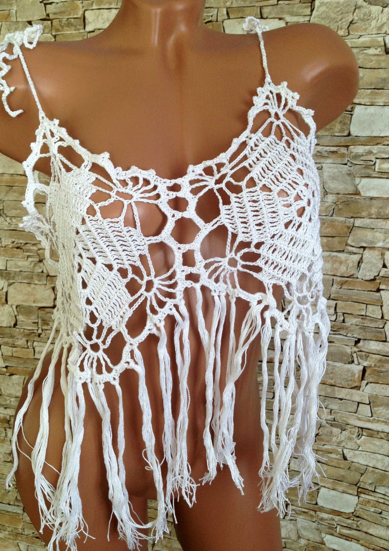 Crochet top White gypsy fringe halter top boho festival wrap image 0