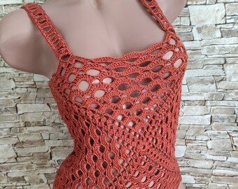 Crochet crop top en terre cuite Beachwear pour les femmes Boho festival d’été crochet tenue Halter haut