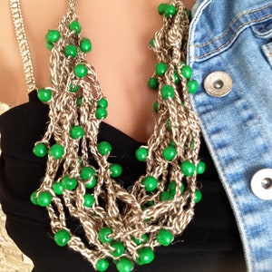 Green wood linen necklace Crochet necklace Boho beaded necklace Statement necklace Eco friendly necklace Chunky bib necklace Nature necklace
