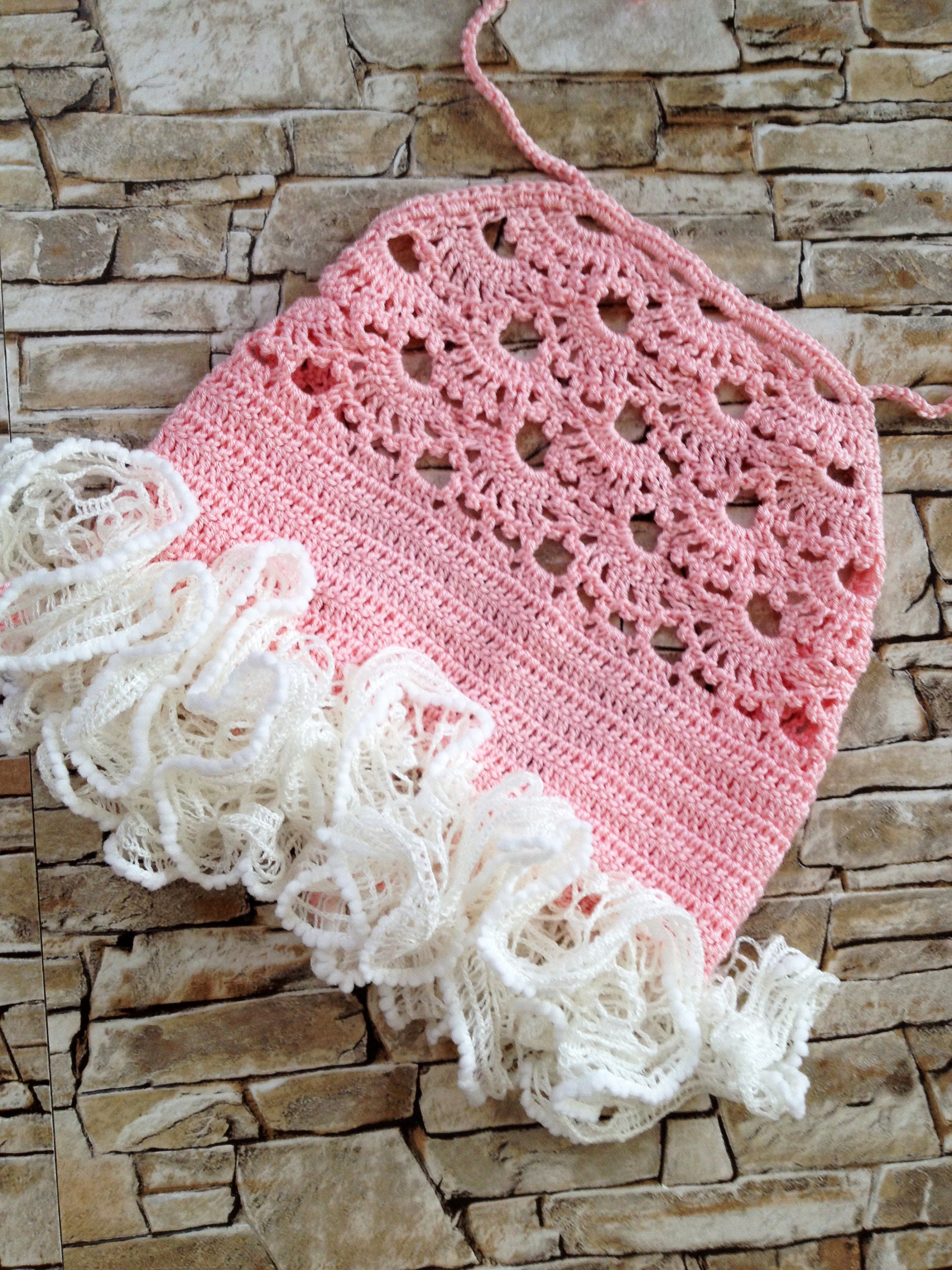 Crochet Toddler Baby Ruffled Top Pink Ivory Open Back Crop Top Etsy UK