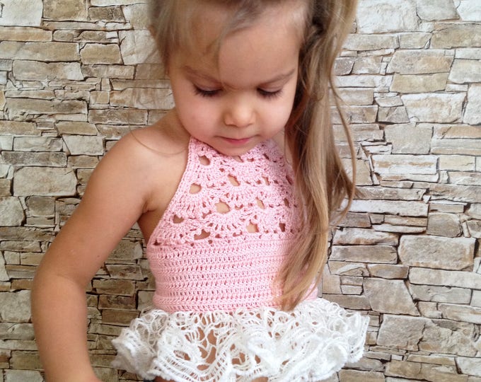 Crochet Toddler Baby Ruffled Top Pink Ivory Open Back Crop Top Etsy