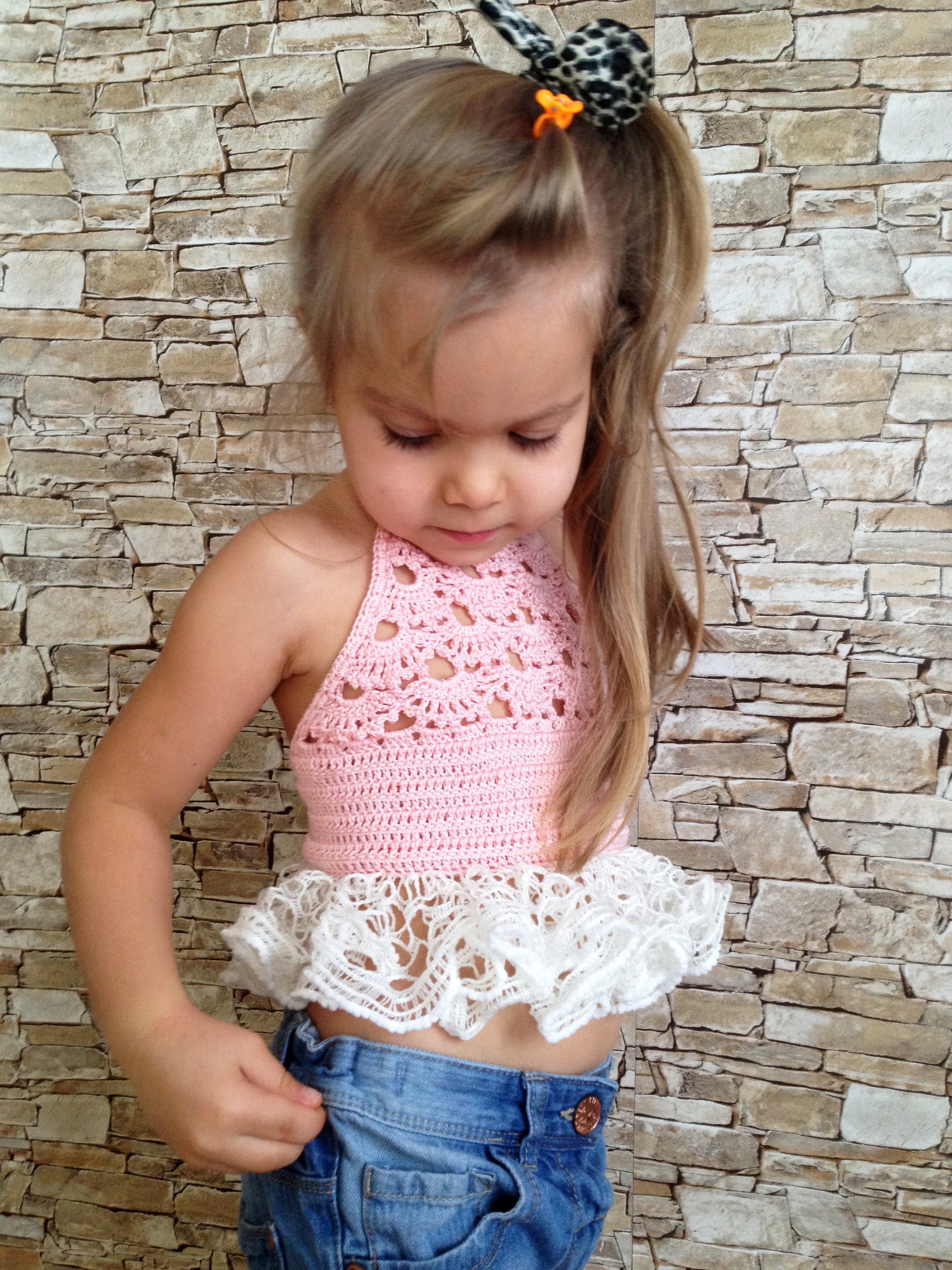 Crochet toddler baby ruffled top Pink ivory open back crop top Etsy