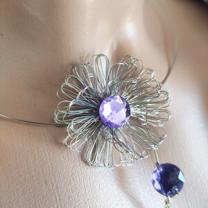 Purple flower choker necklace with wire Handmade gift for her