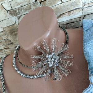 Beads choker necklace Statement necklace Wire flower bib necklace in silver & dark gray colors  Gift for women / girls