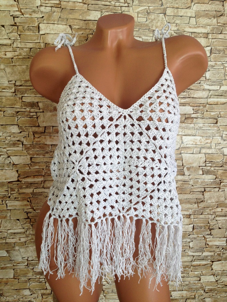 Grey White Crochet Top/ Crochet Fringe Top/ Granny Square Etsy