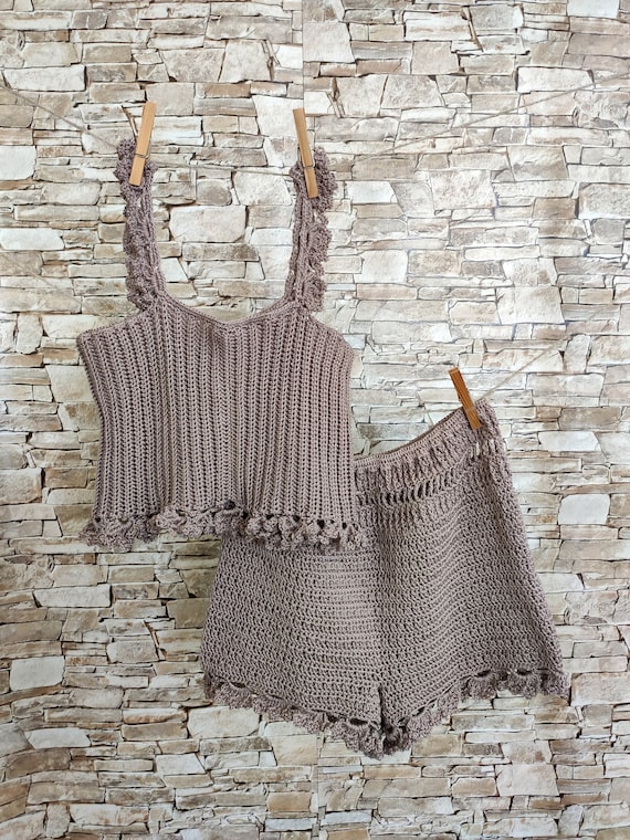 ElenaVorobey Handmade Crochet Set for Little Girls: Crochet Halter Top, Floral Trim Shorts Summer Kids Outfit Crochet Kit for Kids