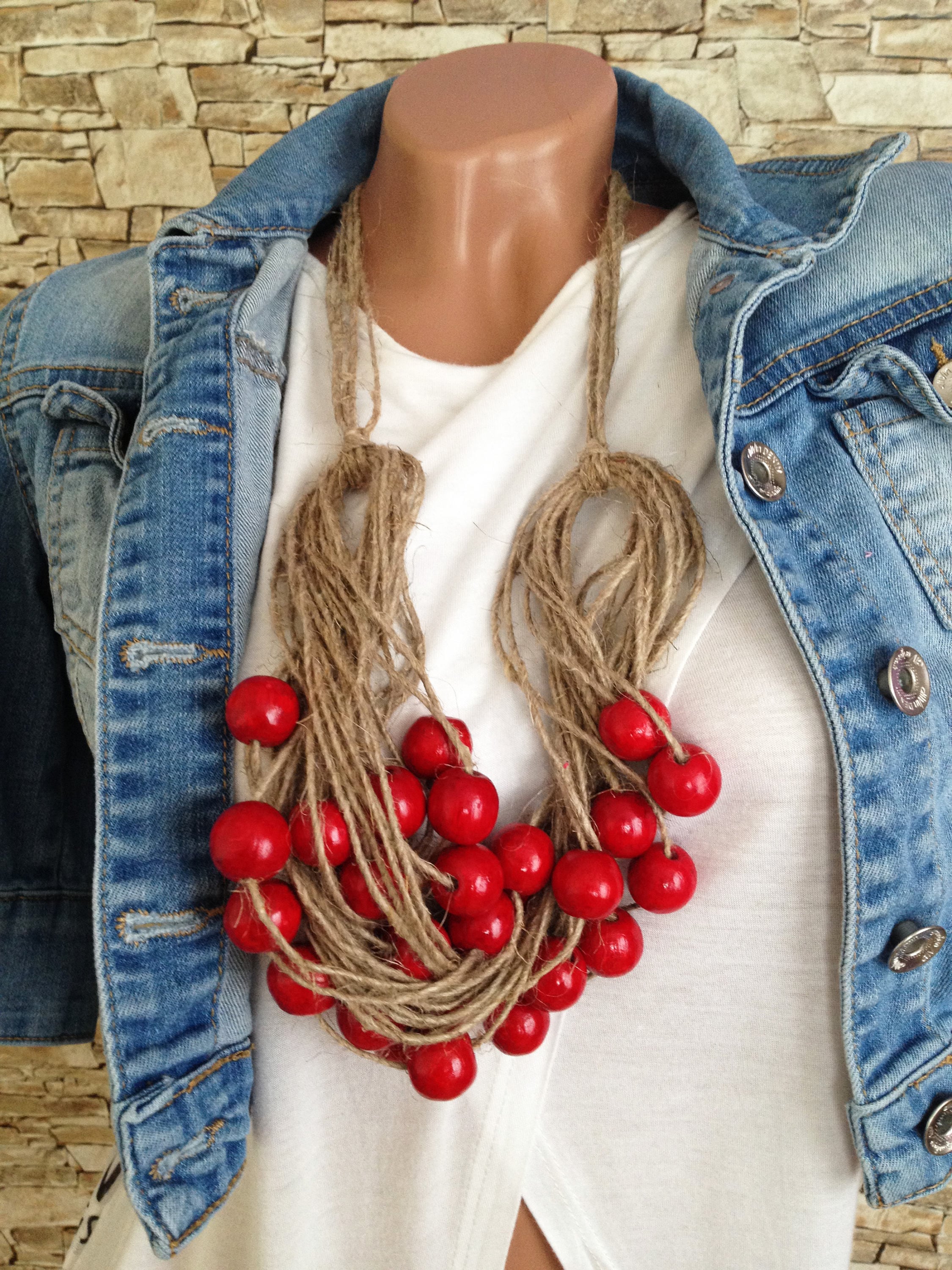 Coffee brown red wooden beads flowers necklace Chunky bib necklace Statement necklace Boho wrap beaded ribbons necklace Ukraine necklace