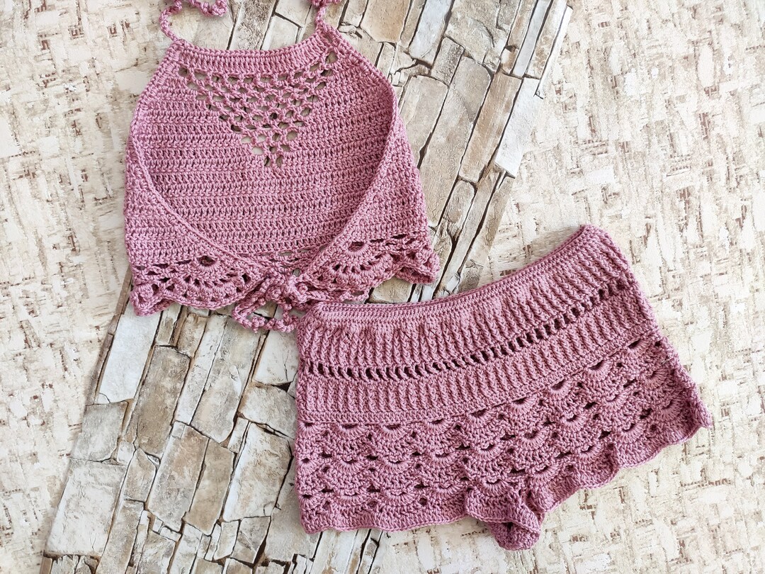 ElenaVorobey Handmade Crochet Set for Little Girls: Crochet Halter Top, Floral Trim Shorts Summer Kids Outfit Crochet Kit for Kids