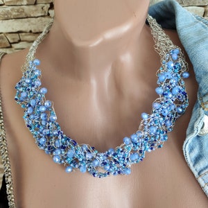 Blue beaded necklace Christmas gift for her Wire wrapped chunky necklace Statement necklace Handmade jewelry