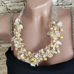 White golden beaded necklace Crochet wire wrapped necklace Handmade jewelry Statement necklace Christmas gift for her
