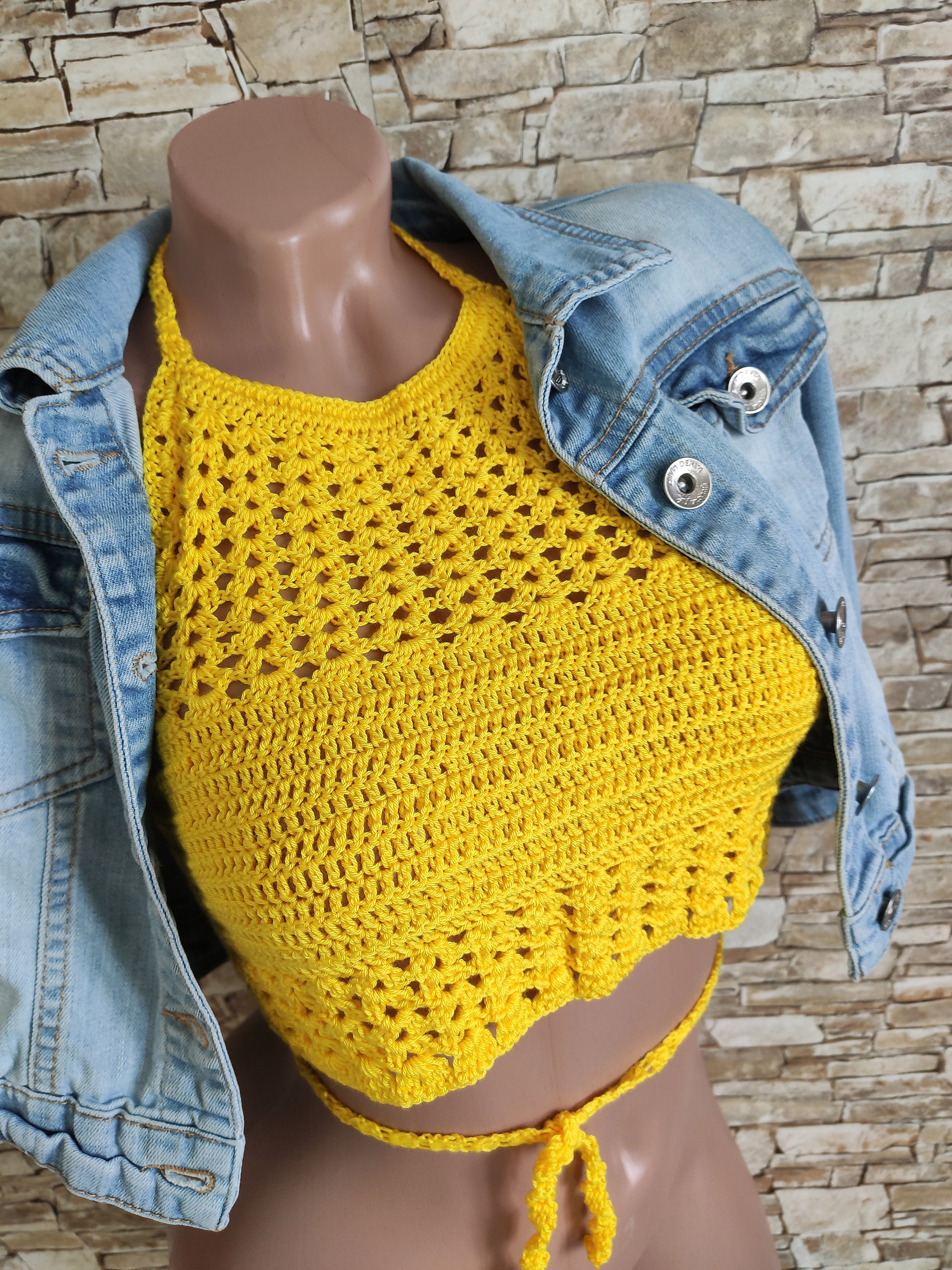 Yellow crochet crop top Hippie halter top Beach clothing Etsy