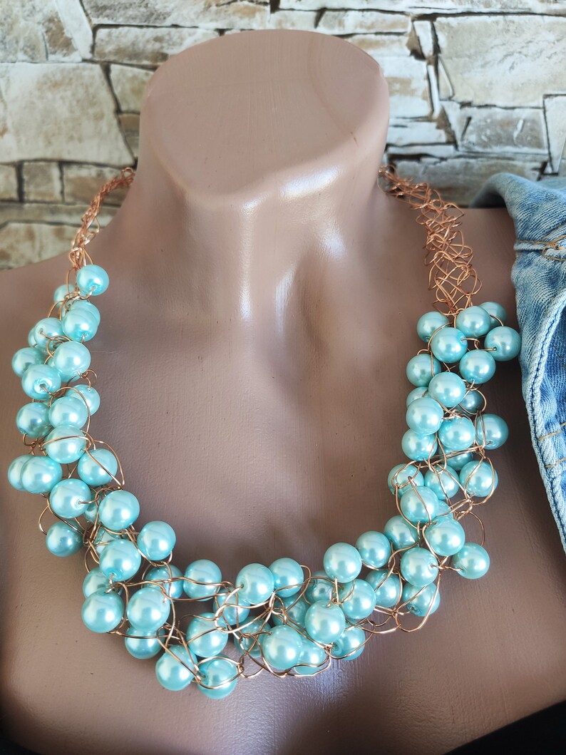 Light Blue Jewelry Set Crochet Wire Necklace & Bracelet Boho Etsy