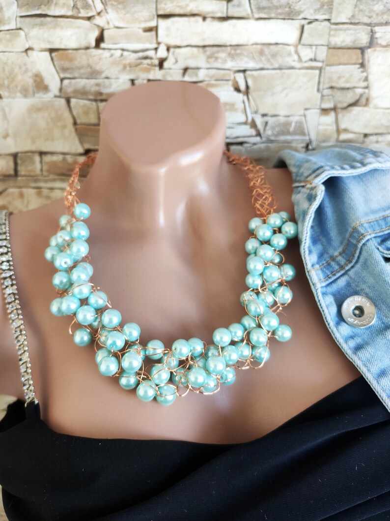 Light Blue Jewelry Set Crochet Wire Necklace & Bracelet Boho Etsy