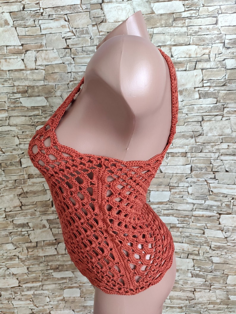 Crochet crop top in terracotta Beachwear for women Bohemian festival summer crochet outfit Halter top image 9