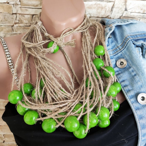 Vert long / court multi utilisation déclaration collier avec des perles en bois et fils de lin cadeau de Noël pour elle