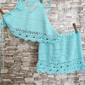 Crochet Mermaid set: halter top and skirt in blue for little girls Photoshoot kids outfit Beach / vacation baby / toddler clothing