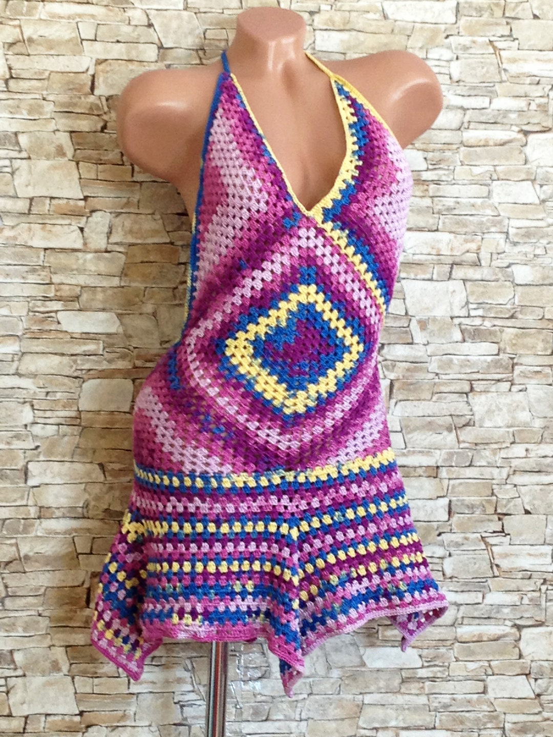 Crochet Granny Square Women Dress Colorful Gypsy Beach Etsy