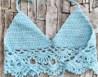 Crochet mermaid crop top in sky blue for little girls Boho Beachwear for kids Photoshoot clothing toddler / baby girls Crochet halter top