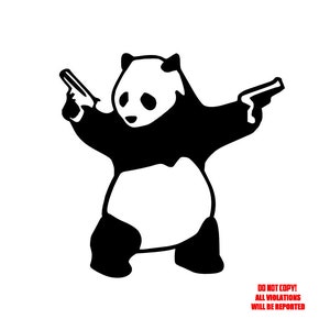 Könnte beinhalten: Schwarz-weiß-Illustration eines Pandas, der zwei Pistolen hält. Der Panda trägt ein schwarzes Hemd und hat einen weißen Bauch.