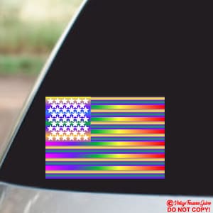 May include: A rainbow-colored American flag with white stars. The flag is made of a vinyl material and is suitable for outdoor use.