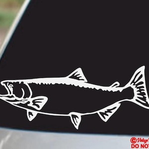 May include: A white outline of a fish, likely a salmon or trout, is displayed against a black background. The fish is depicted in profile, with detailed fins and a slightly open mouth. The image is a sticker or decal.