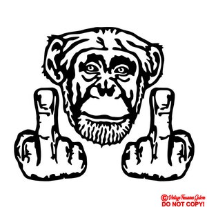May include: Black and white illustration of a monkey giving the middle finger with both hands. The monkey has a serious expression on its face.