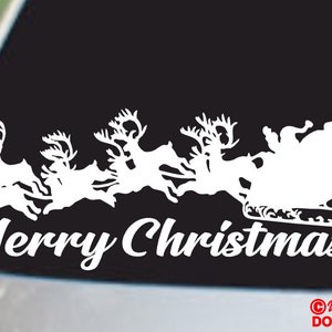 MERRY CHRISTMAS! Santa Claus Sleigh Flying Reindeer - Vinyl Decal Sticker Car Truck Window Wall Bumper Holiday Winter Home Decor Funny Xmas