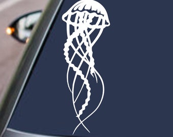 May include: White vinyl decal of a jellyfish with a bell-shaped head and long, flowing tentacles. The decal is designed for application to a car window.