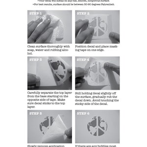 Puede incluir: Instrucciones para aplicar una calcoman&iacute;a, con un dise&ntilde;o de signo de la paz y globo terr&aacute;queo. Los pasos incluyen limpiar la superficie, colocar la calcoman&iacute;a, separar capas y retirar la cinta de aplicaci&oacute;n. El texto dice "Instrucciones de aplicaci&oacute;n".