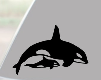 KILLER WHALE with CALF - Vinyl Decal Sticker Car Truck Van Suv Boat Laptop Rear Window Wall Bumper Funny Orca Baby Sea Life Ocean World Jdm