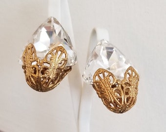 Vintage Crystal and Gold Tone Clip-On Earrings