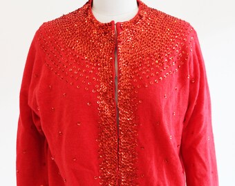 Vintage Mid Century Red Sweater with Red Sequin Details