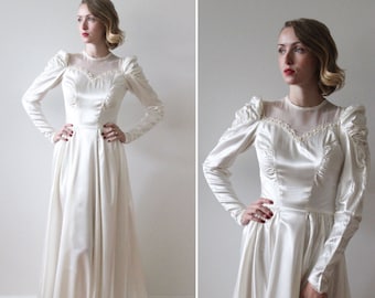 Vintage 1940s Satin Long Sleeved Wedding Dress with Illusion Neckline