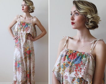 Vintage Floral Print Peasant Maxi Dress - Size Small